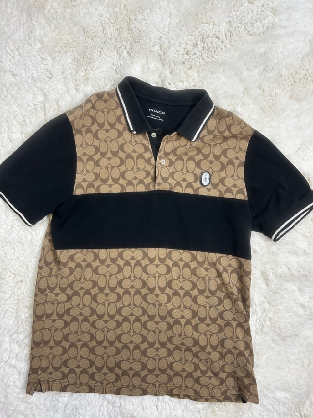 Coach Men's Polo Chambry Signature Short-Sleeve Shirt C9605 Tan and Black